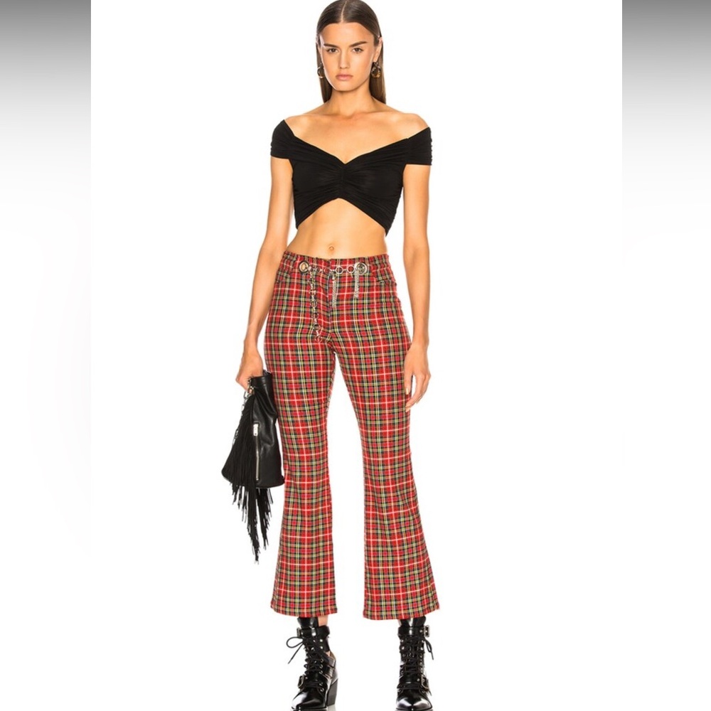 Miaou Morgan Red Tartan Plaid High Rise Cropped Flare Pant W Chain Belt Size 25 - Picture 3 of 9